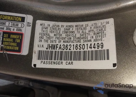 2006 Honda Civic Hybrid from USA, damaged, VIN JHMFA36216S014499